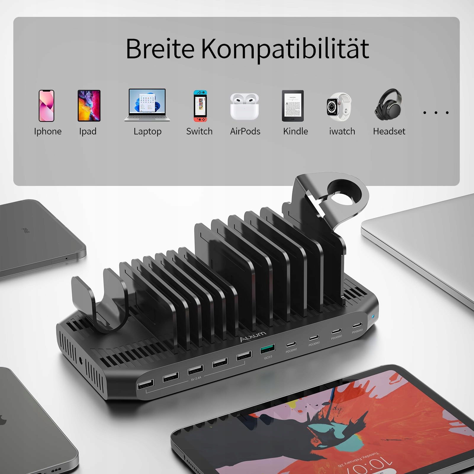 ALXUM Stacja Ładowania 140W USB QC 3.0 PD 60W 45W 30W Laptop Tablet Telefon — miniatura 6