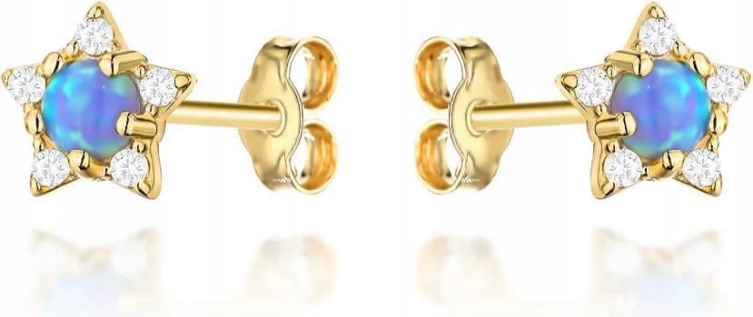Náušnice zlaté hvězdičky se zirkony a opálovým kamenem 585 elegantní 14k