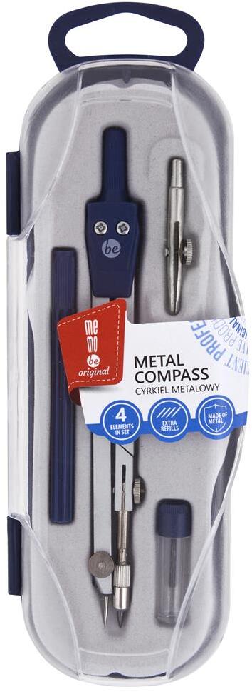 Cyrkiel szkolny MemoBe Z AKCESORIAMI 4 ELEMENTY W ETUI srebrny