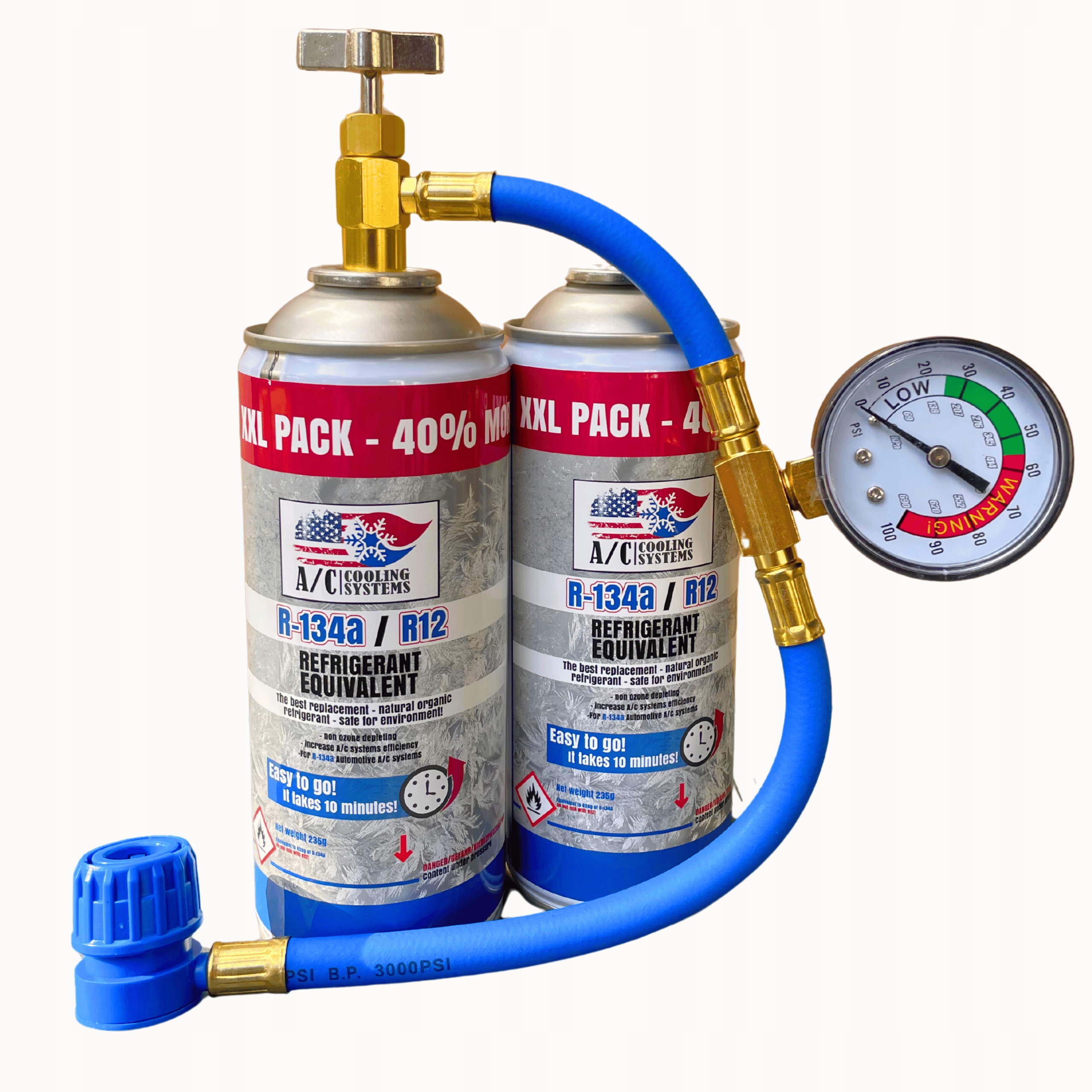 Chladicí médium R134A pro klimatizaci Set 2x Plyn, Hadice, Manometr