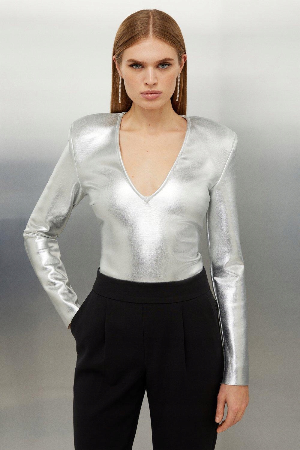 Stříbrná Metalická Přiléhavá Halenka S Dlouhým Rukávem Karen Millen M