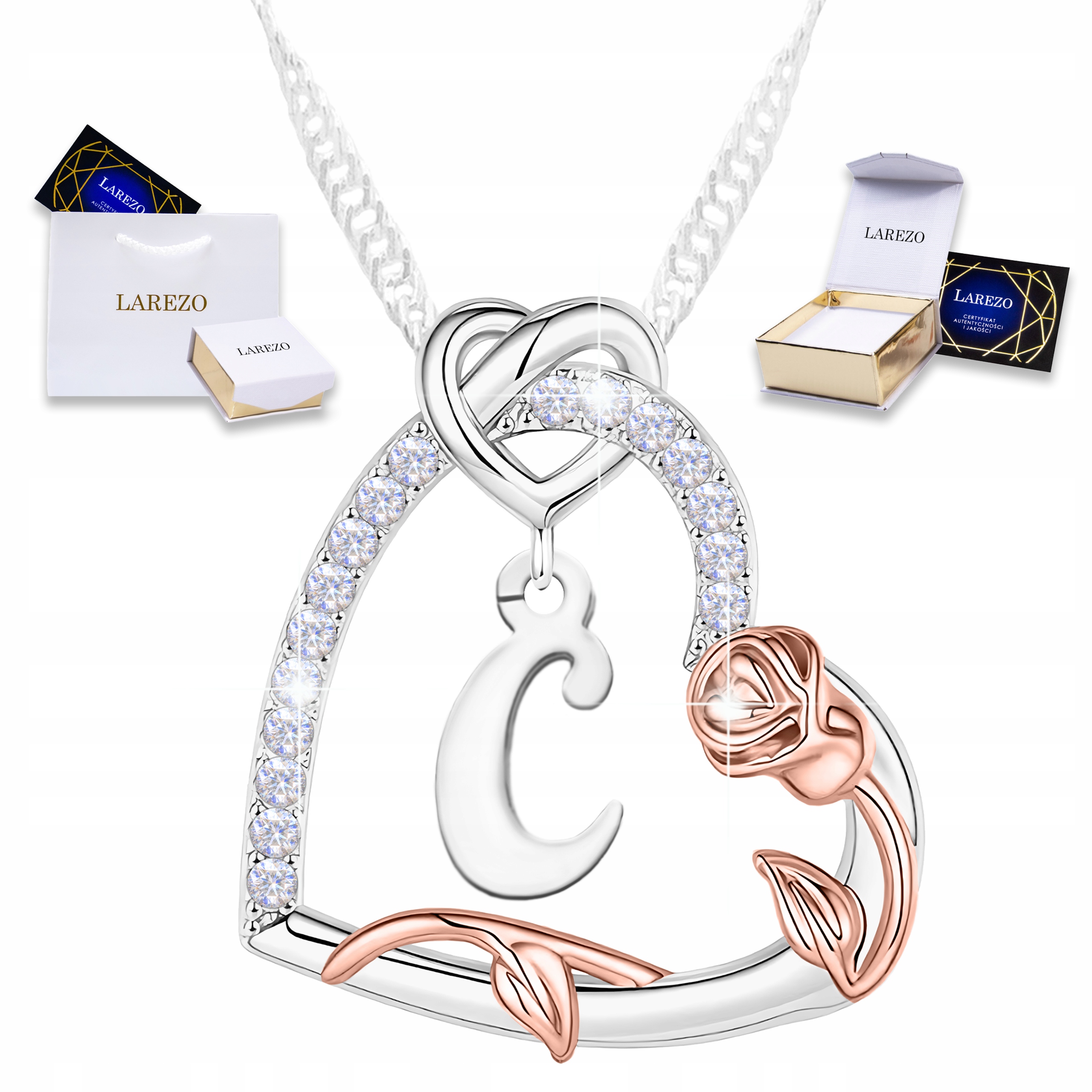 Stříbrný náhrdelník Srdce s písmenem Velký závěsný iniciál Písmeno C Stříbro 925