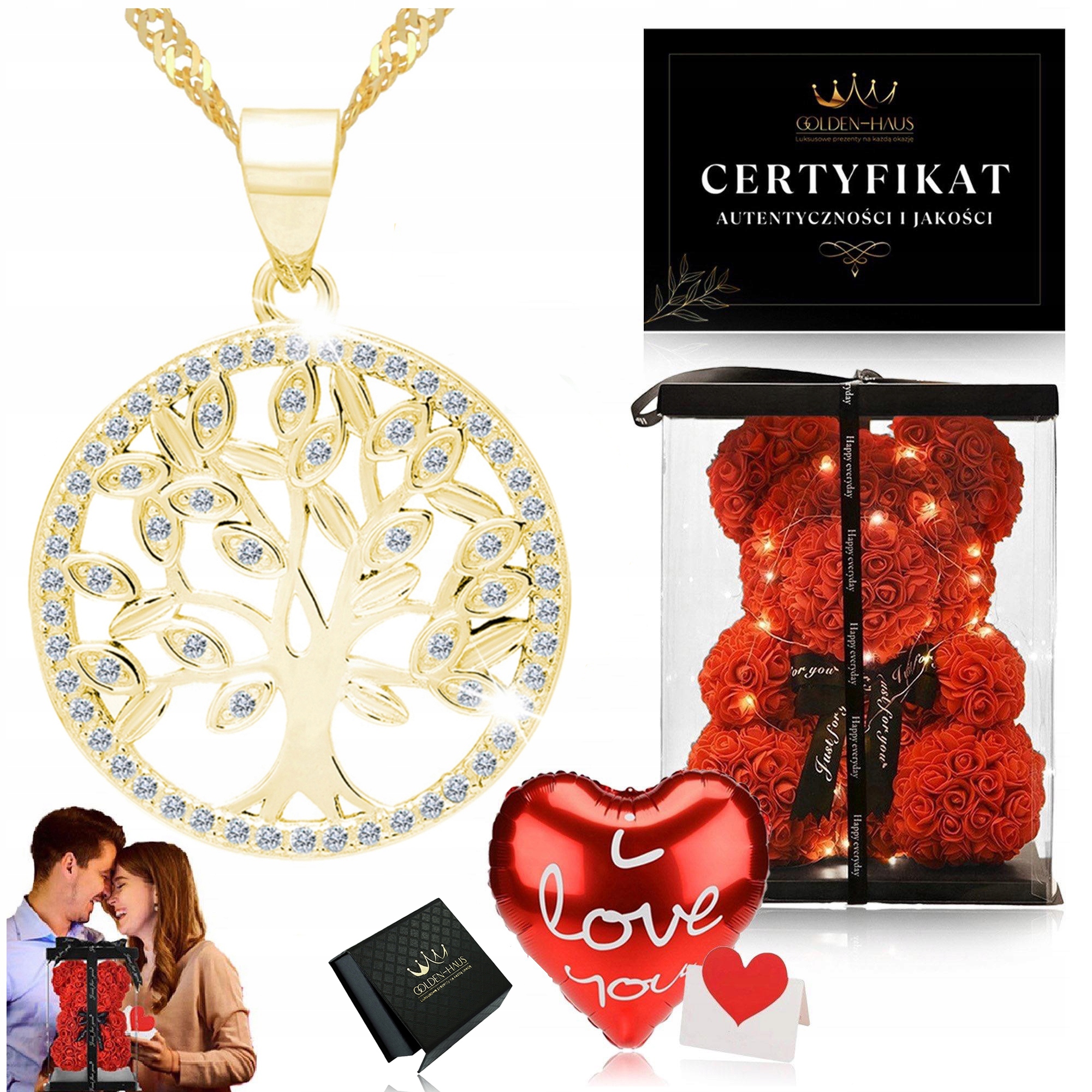 Zlatý Řetízek Singapur Přívěsek Stromek Štěstí Zirkony 925+MEDVÍDEK Z Růží