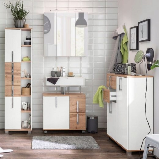 KAMPEN słupek wysoki dąb wotan biały połysk półka łazienkowa regał Marka Schildmeyer