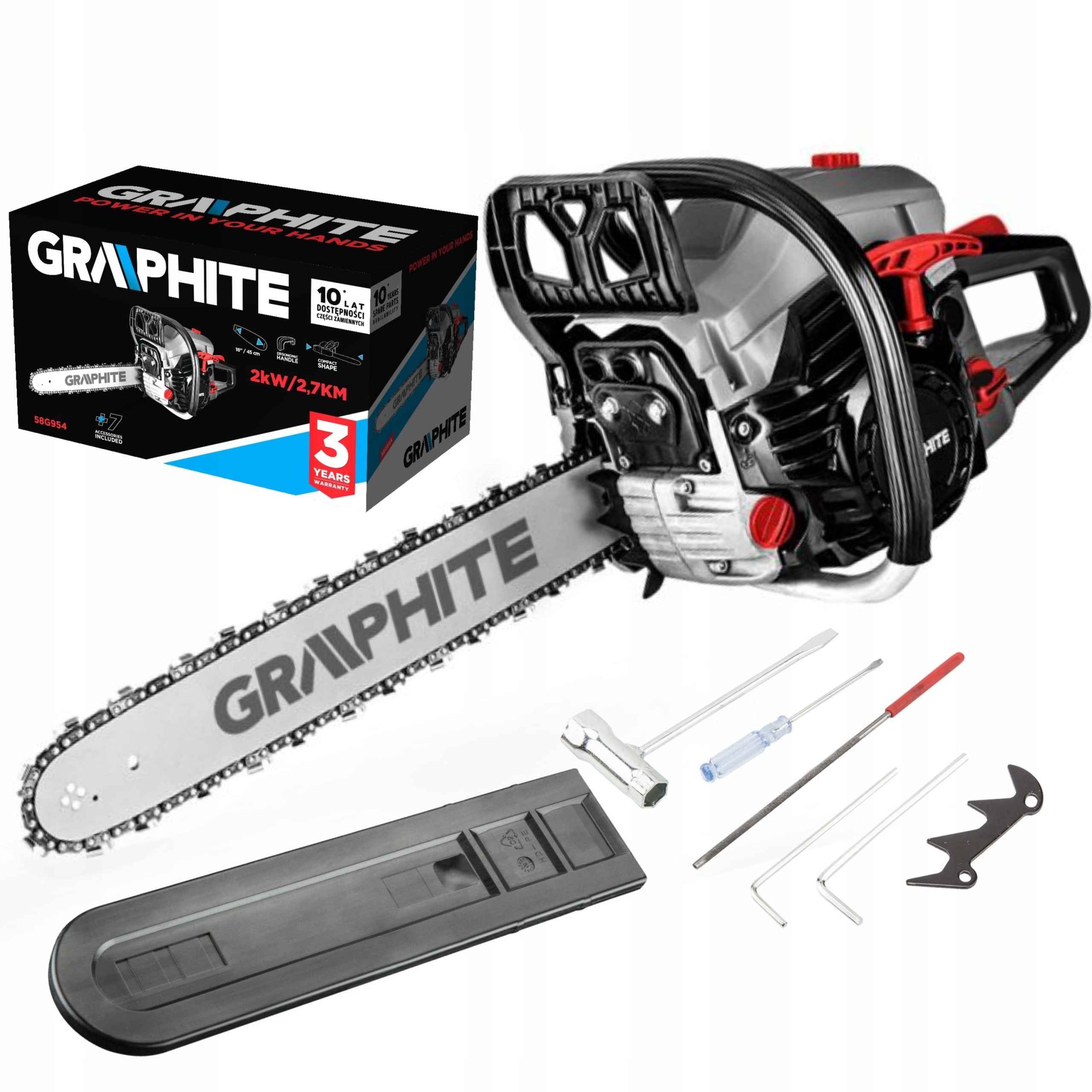 Graphite Benzínová Řetězová Pila 2KW (2.7 Km), Vodící Lišta 18" 58G954