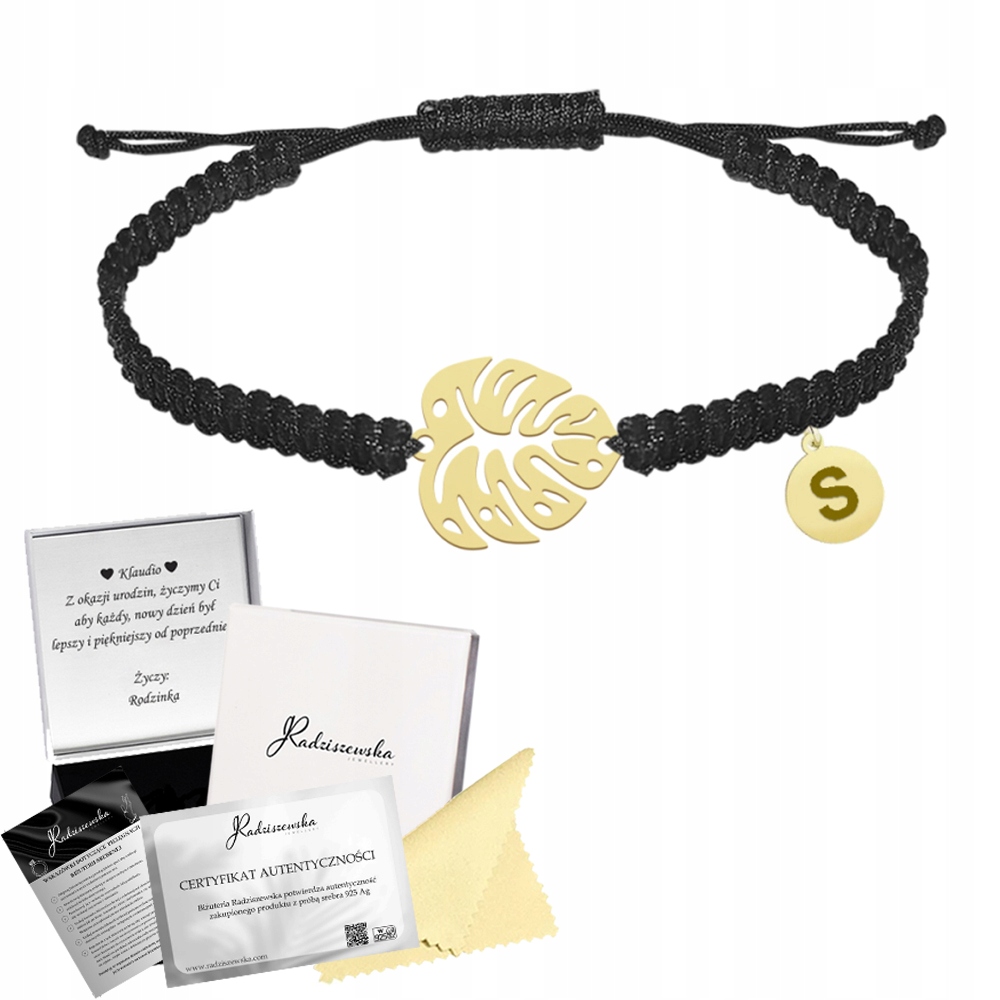 Náramek Zlatý List Monstery Šňůra Makramé 925 Dárek Žena Gravírování