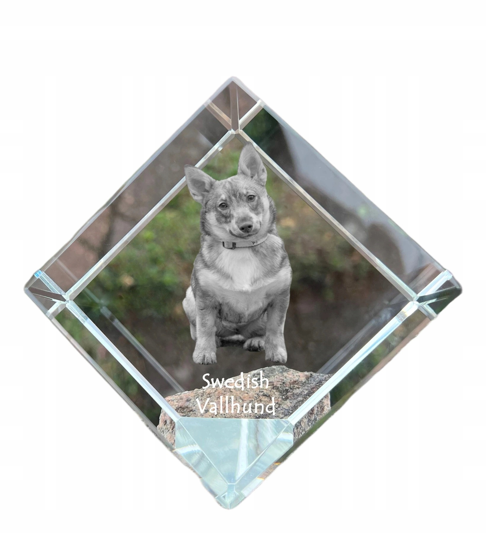 Švédsky Vallhund krištáľová kocka s fotografiou psa, ozdoba na stôl