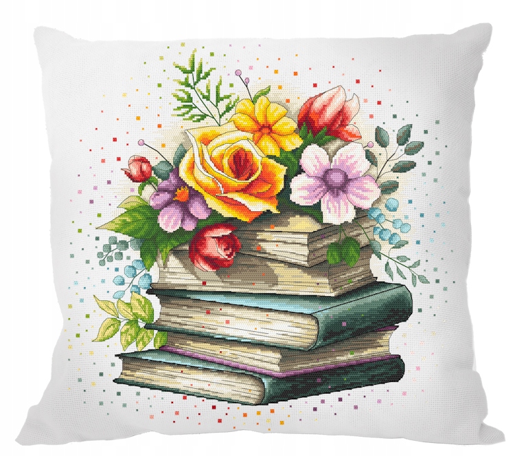 Křížková výšivka Vyšívací sada Polštář Květinová sbírka knih