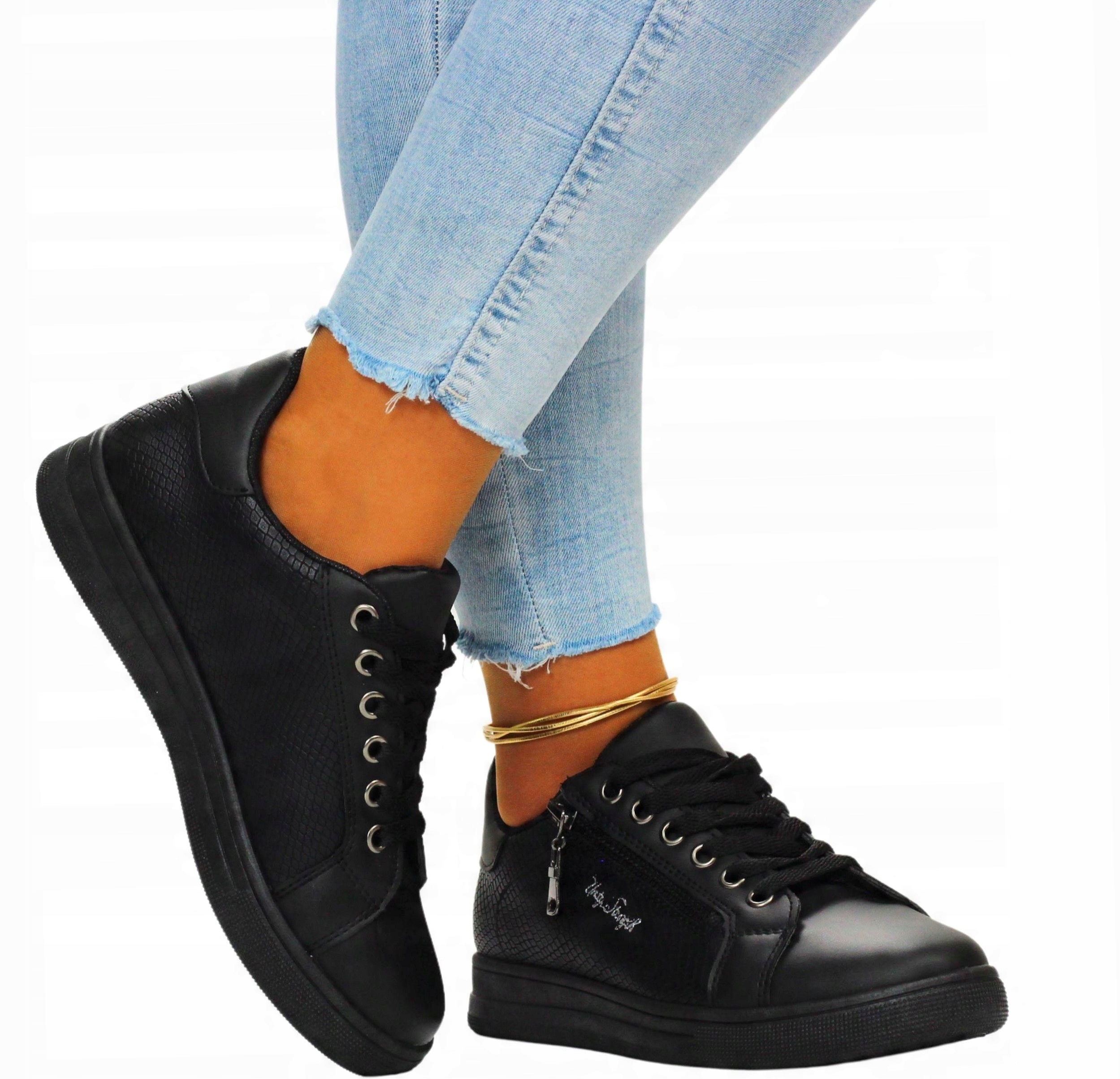 Czarne Buty Damskie Obuwie Wiązane Trampki All Black Na Co Dzień