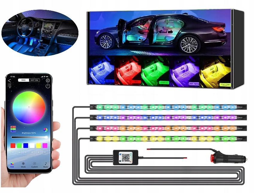 TAŚMA LED RGB 5050 12V BLUETOOTH APLIKACJA OŚWIETLENIE KABIN AUTA SAMOCHODU