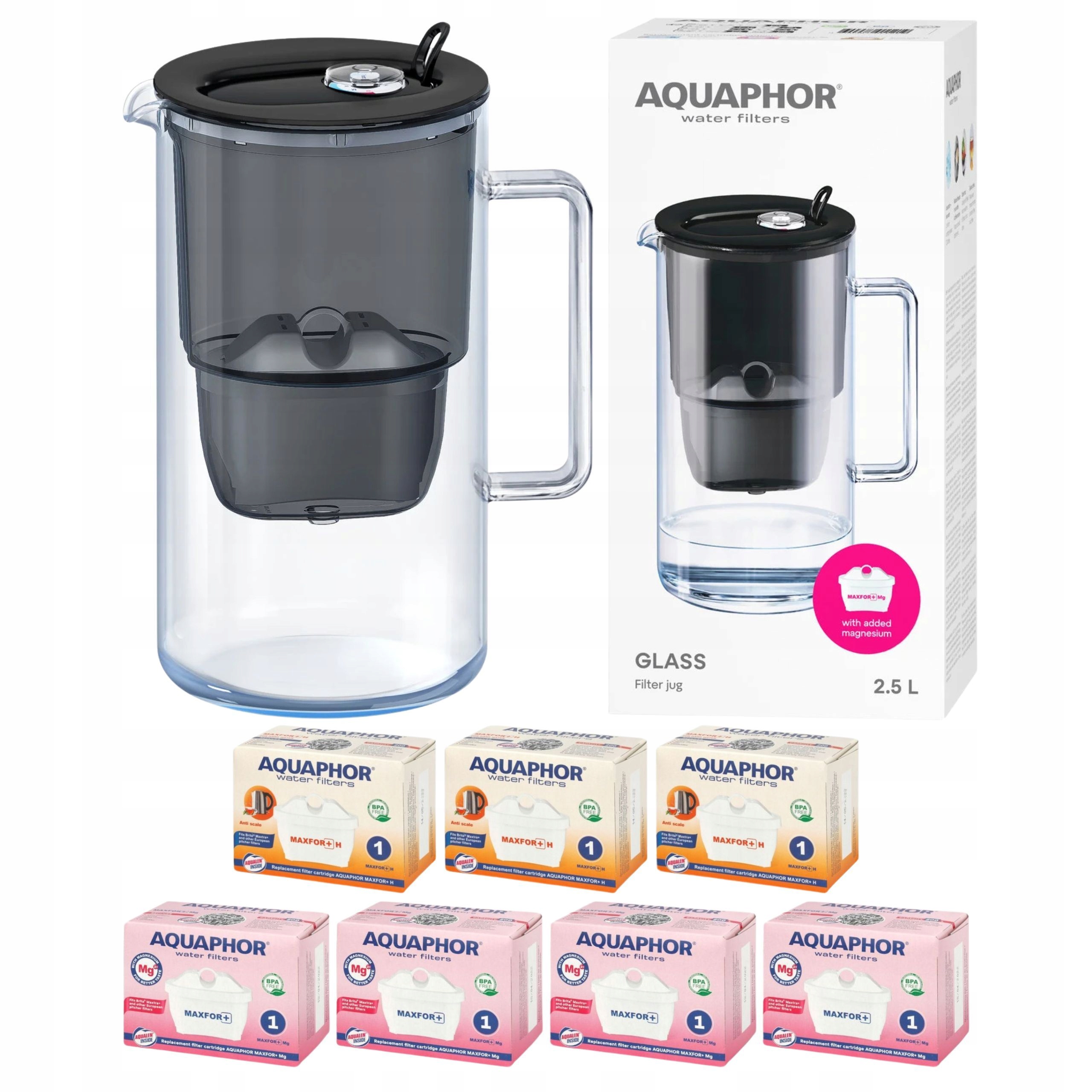 Džbán Aquaphor Glass černý 2,5L skleněný na vodu 7 filtrů Maxfor (4Mg+3H)