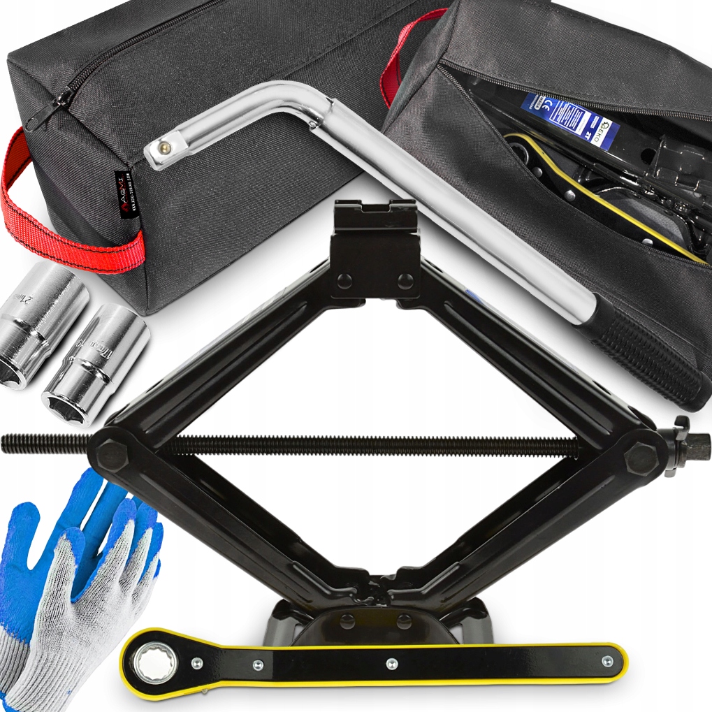 ZESTAW TORBA LEWAREK PODNOŚNIK TRAPEZOWY 2T KLUCZ DO KÓŁ 17/19/21 RĘKAWICE