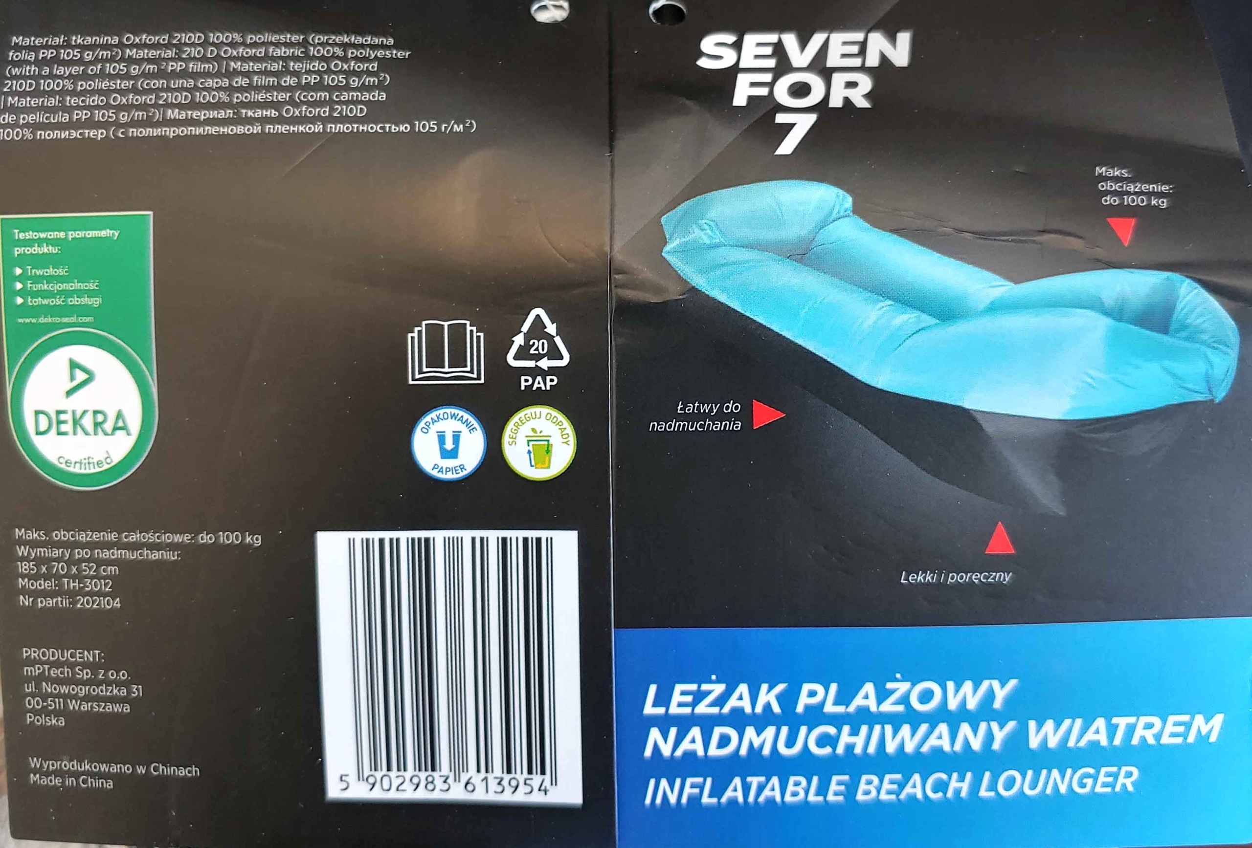 LEŻAK PLAŻOWY NADMUCHIWANY WIATREM NIEBIESKI Marka inna marka