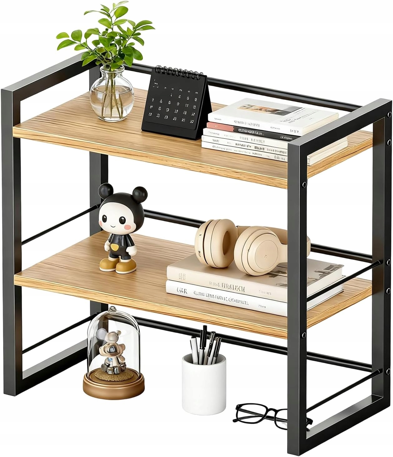 Dvouúrovňový Kovový Organizér S Dřevem Na Pracovní Desku Kuchyně Koupelna 40 CM