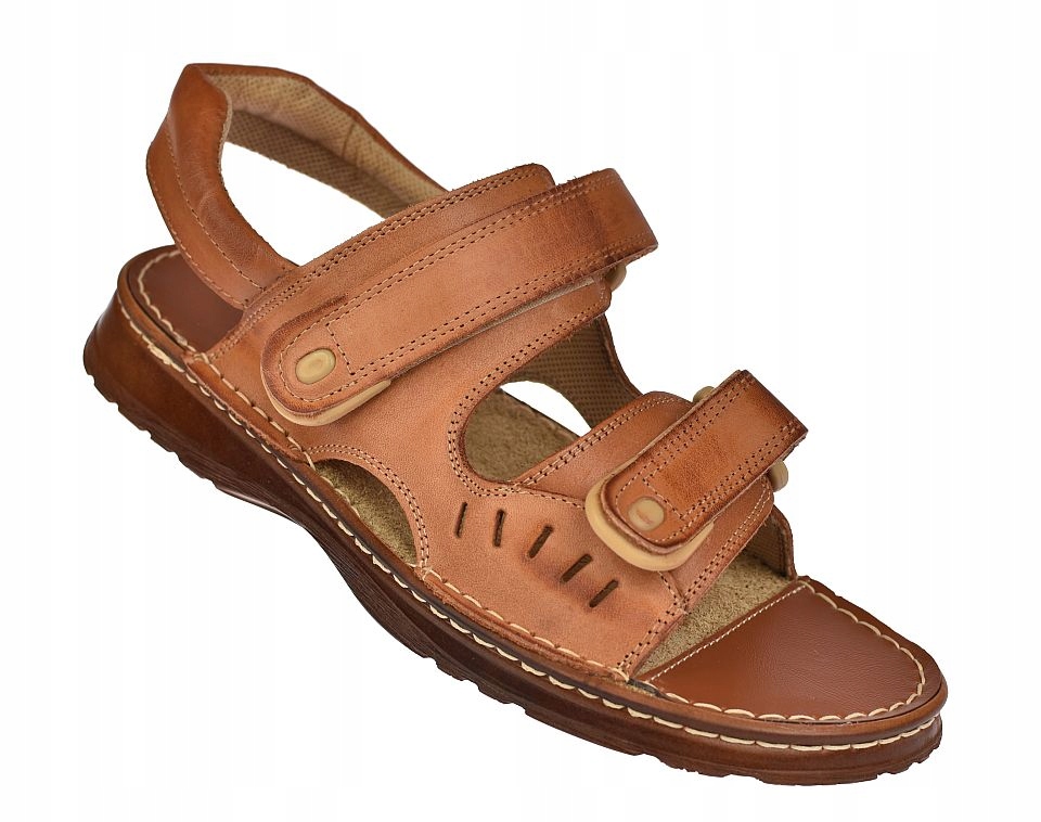 Pánské kožené sandály na suchý zip Polské šité SA-025 hnědé vel 46