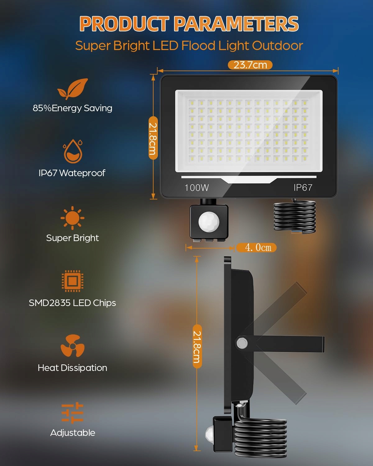 Reflektor LED Z Czujnikiem Ruchu 2 Sztuki 100W IP67 6500K TOPAUBUB — miniatura 2