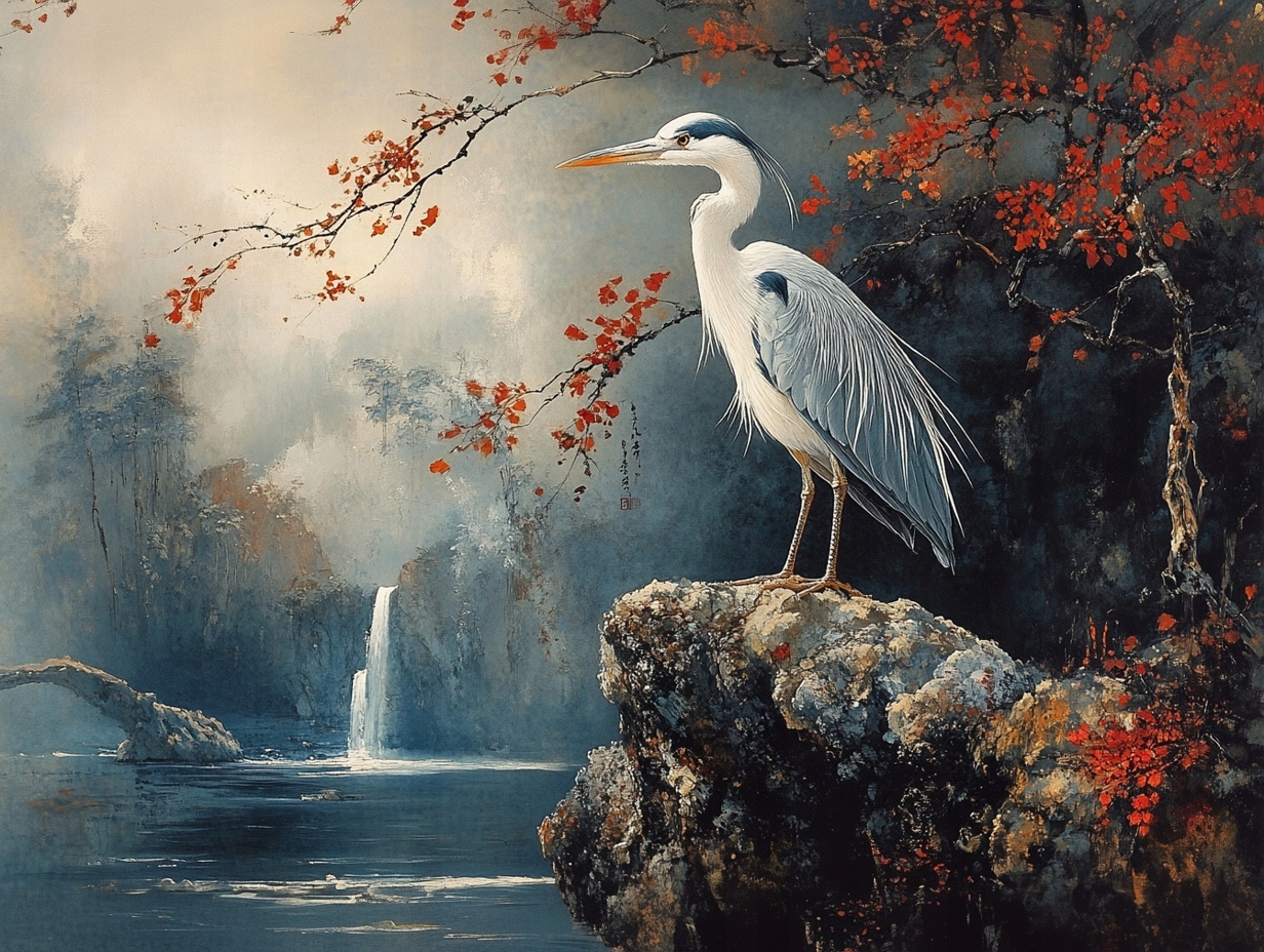 Obraz Na Plátně Canvas Pták Čapla Krajina Vodopád Podzim Asie 100x75