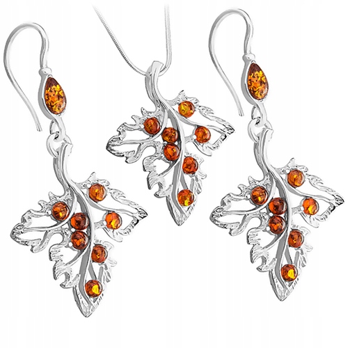 Stříbrný Komplet listů s originálním Jantarem ze Stříbra 925 řetízek Dárek