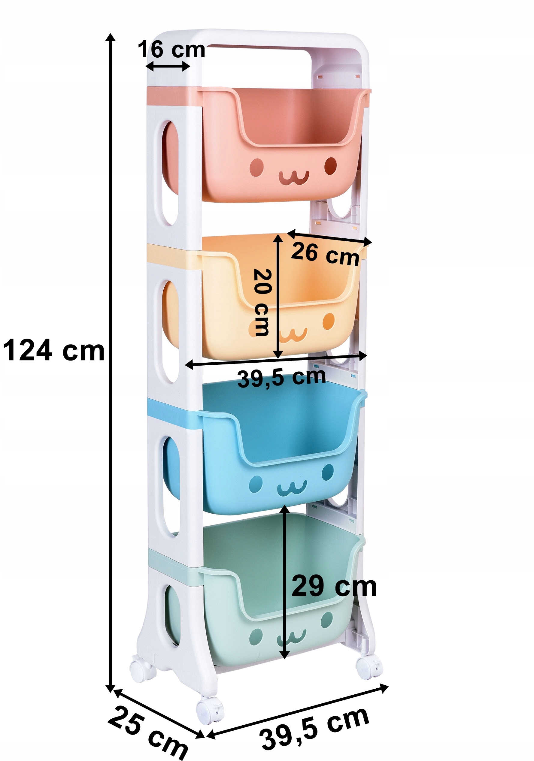 REGAŁ PÓŁKI NA ZABAWKI STOJAK 4 POJEMNIKI KÓŁKA Marka Gockowiak