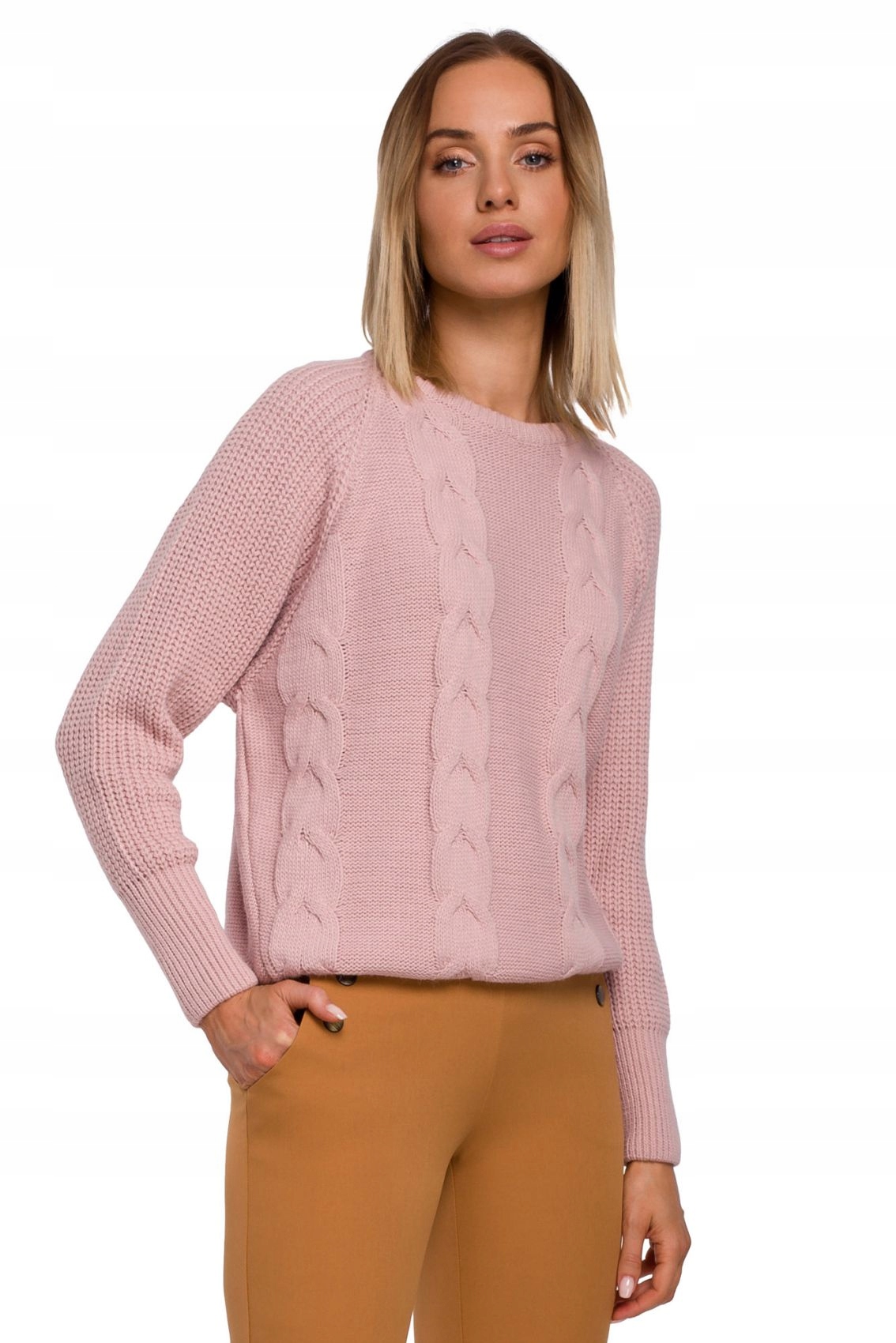 

M554 Sweter ze splotem warkoczowym - różowy S/m