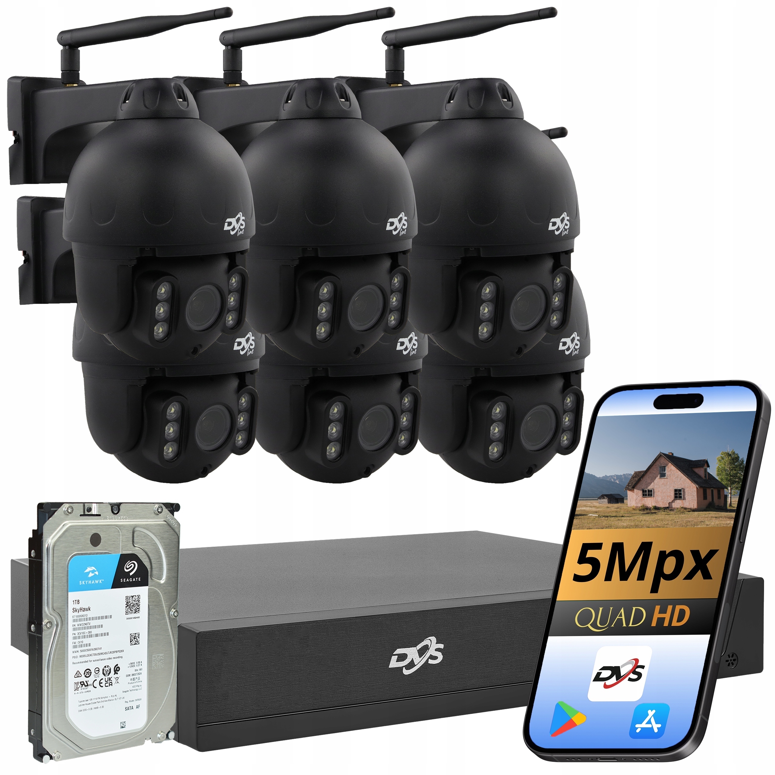 Sada 6 Wifi Kamer Venkovní Černé Otočné Pro Monitor 5Mpx Disk 1TB