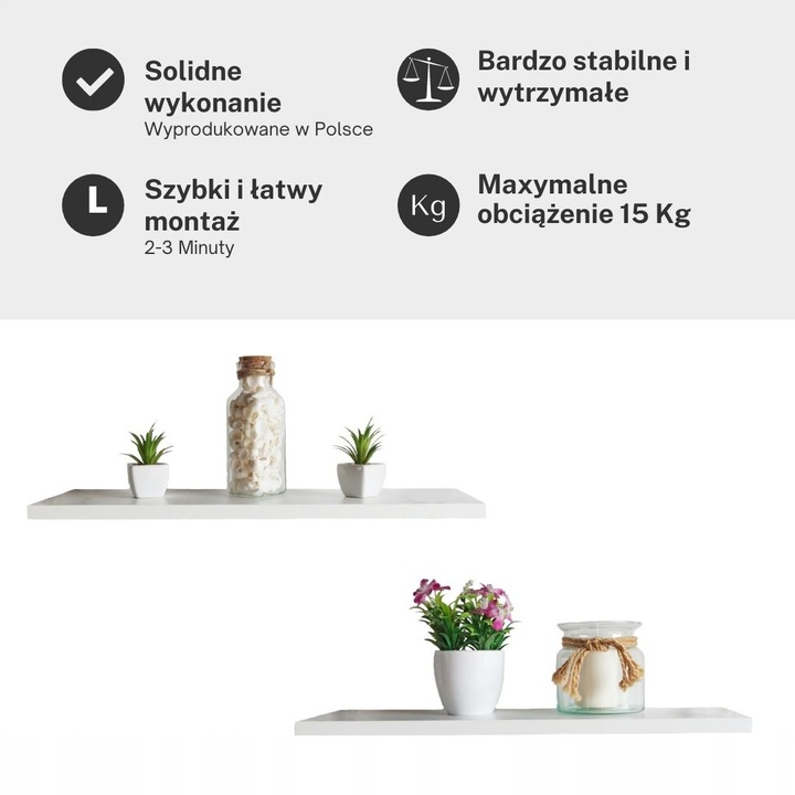 Półka ścienna samowisząca 2 szt Biel Alpejska Szerokość mebla 56 cm