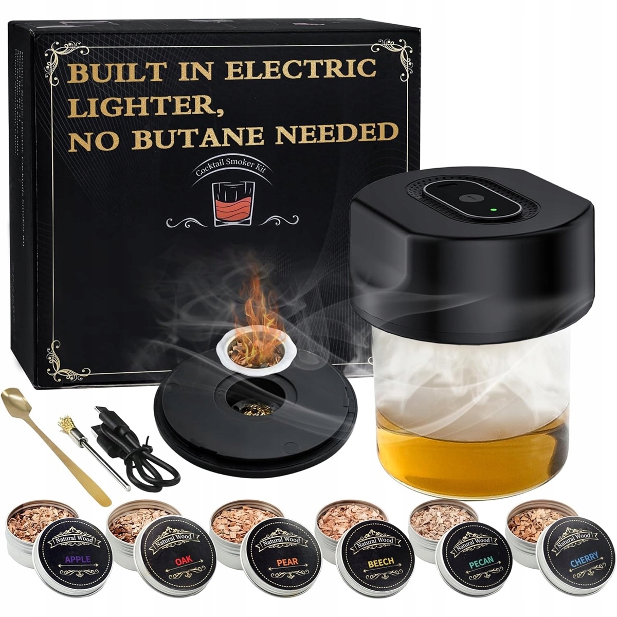 600 mAh Elektrický udírna na whisky Usb 6 druhů třísek, černá