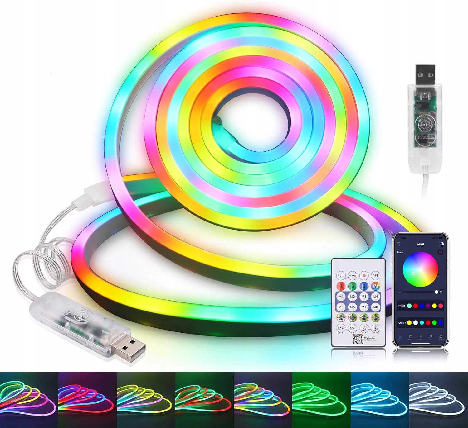 TAŚMA NEON LED 5M RGB BLUETOOTH APLIKACJA PILOT WODODPORNA PASEK ELASTYCZNA