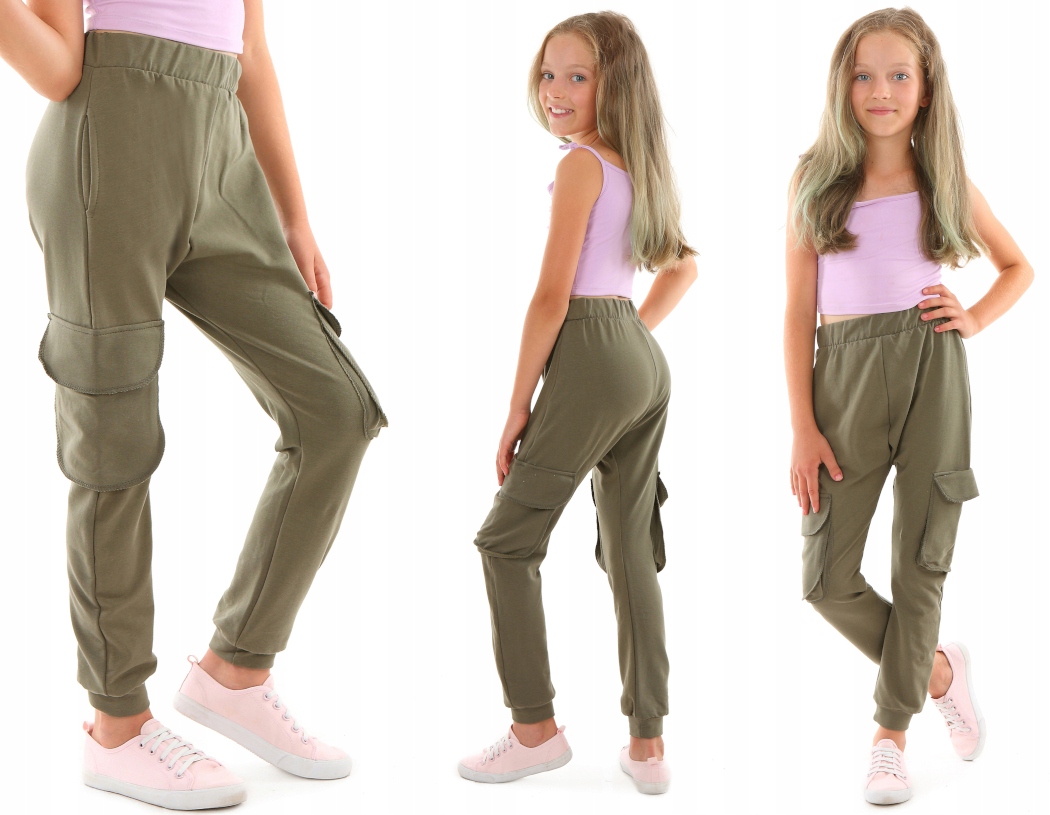 Spodnie dresowe BAGGY bojówki, KHAKI - 158 KROPEK