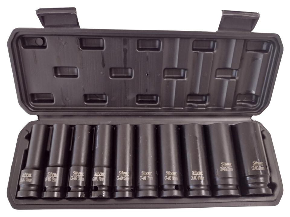 SADA DLOUHÝCH RÁZOVÝCH NÁSTROJŮ 1/2" 10dílná STŘÍBRNÁ