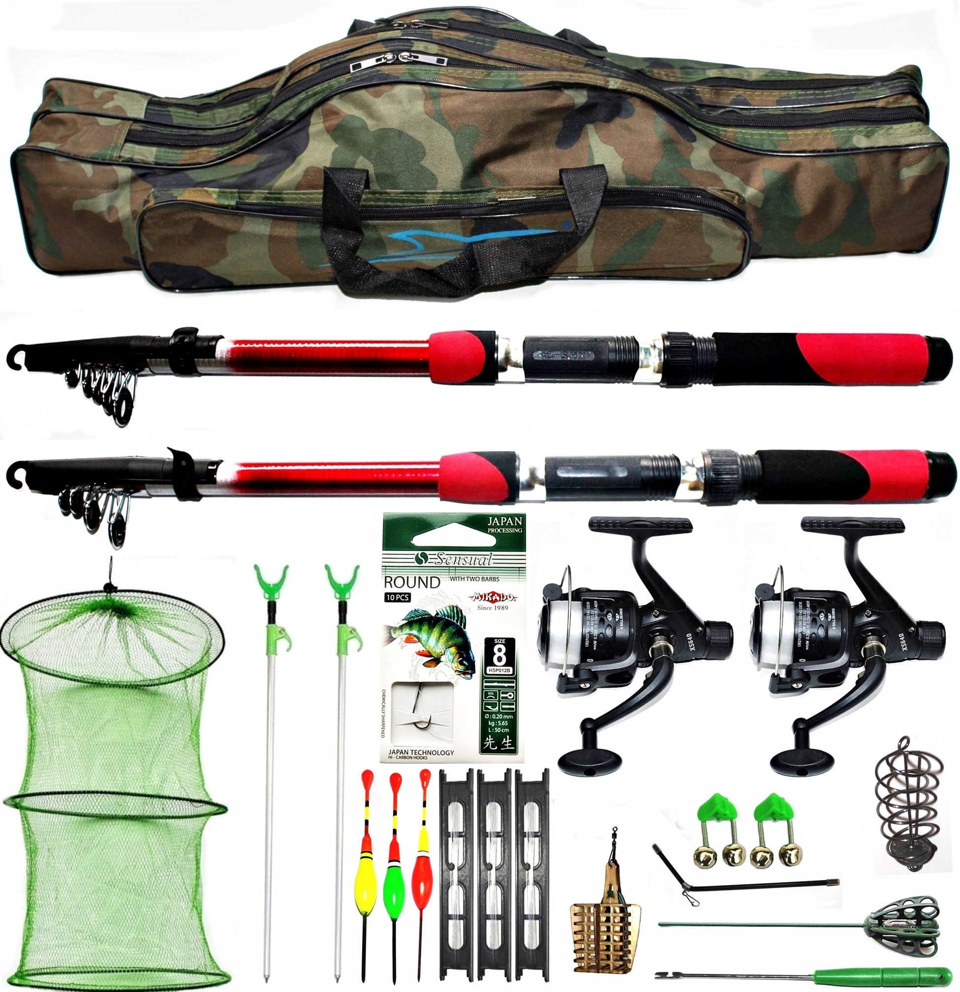 ZWIJADEŁKA + PRZYPONY + DWIE WĘDKI + DWA KOŁOWROTKI + AKCESORIA + GRATIS.