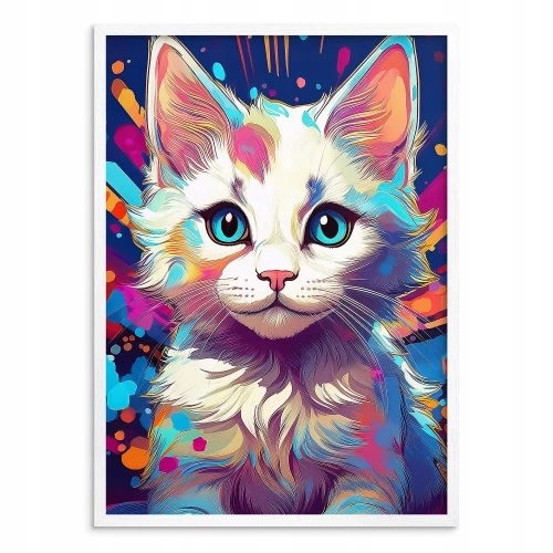 Nowoczesny Plakat Młodzieżowy z Kotem Dekoracja w Białej ramie Pop Art