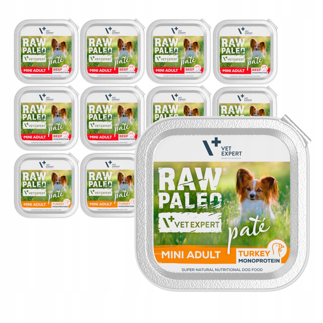 Levně Raw Paleo Pate Mini Adult 12x150g Vlhké Krmivo pro psy s hovězím a krůtím masem