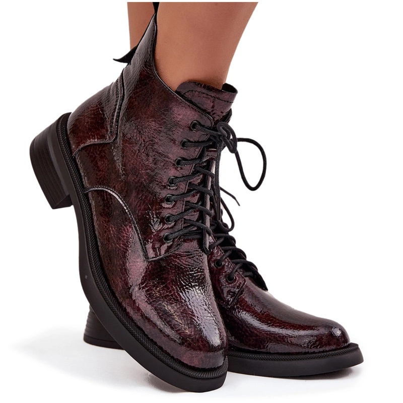 Dámské Kotníkové Boty Přírodní Kůže Lak Podpatek Klocek D&a LZ52-954 Bordové 36