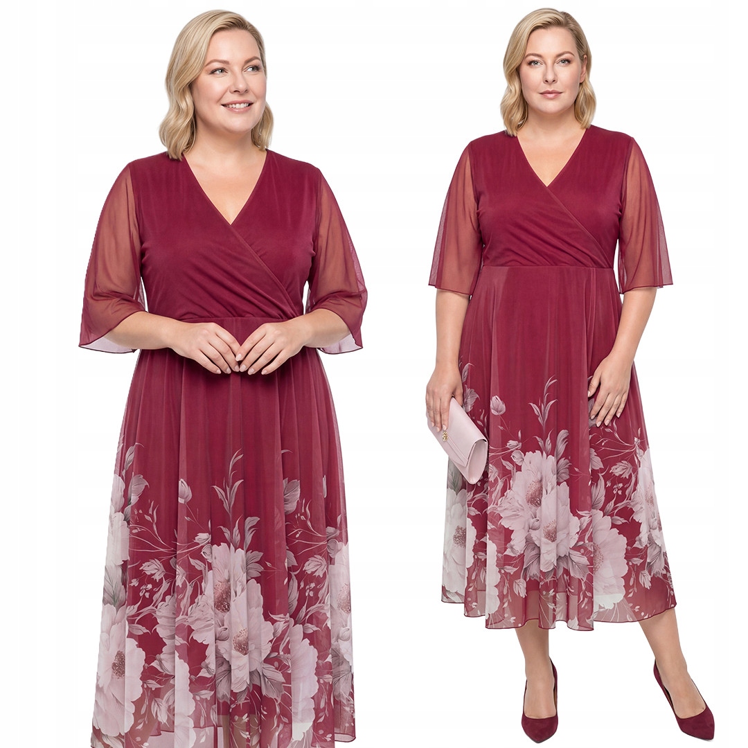 Šaty bordó, spodní část s jasnými květy plus size, velikost 54