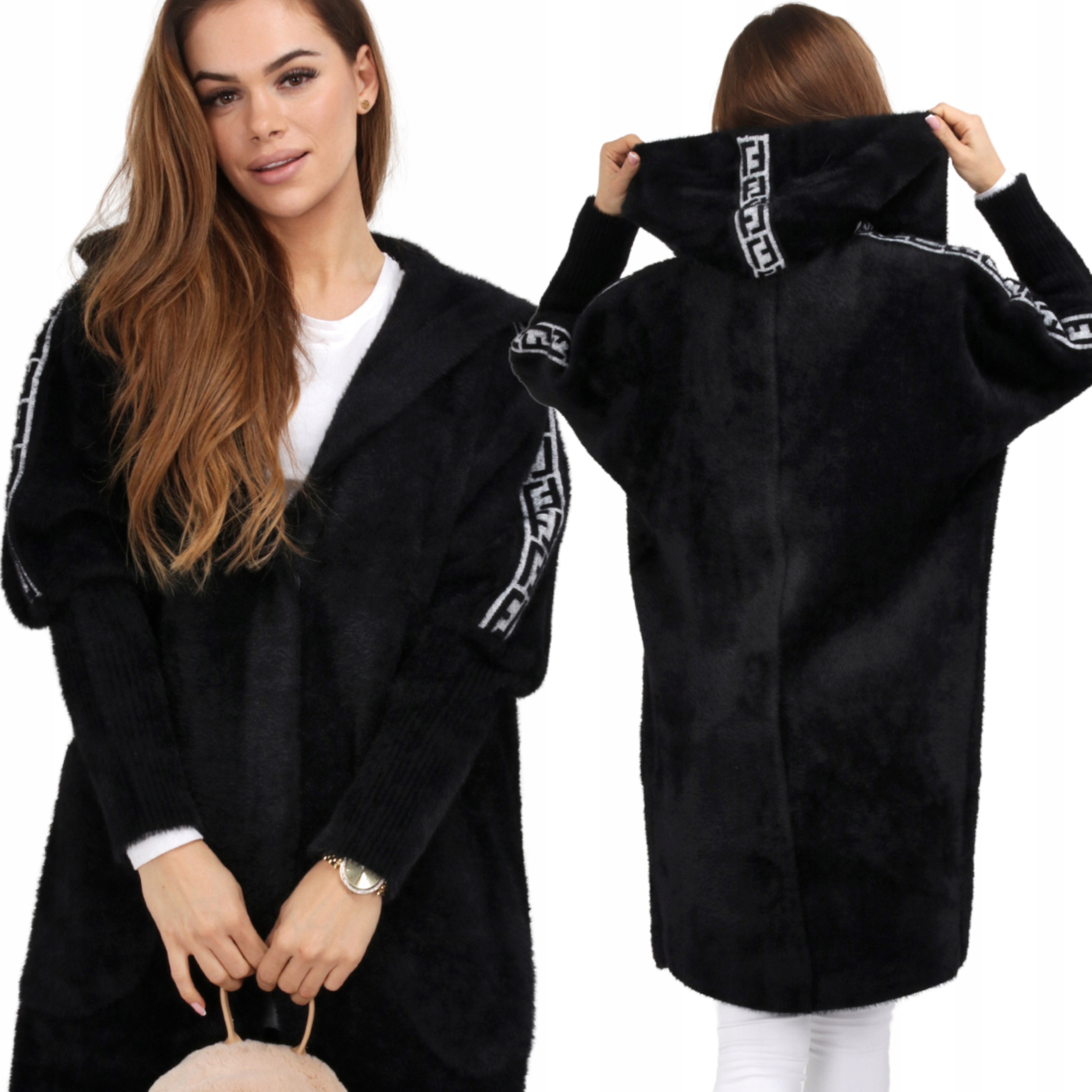 Płaszcz Kaptur Alpaka Damska Kobiecy Modna Lampas Czarna 2061