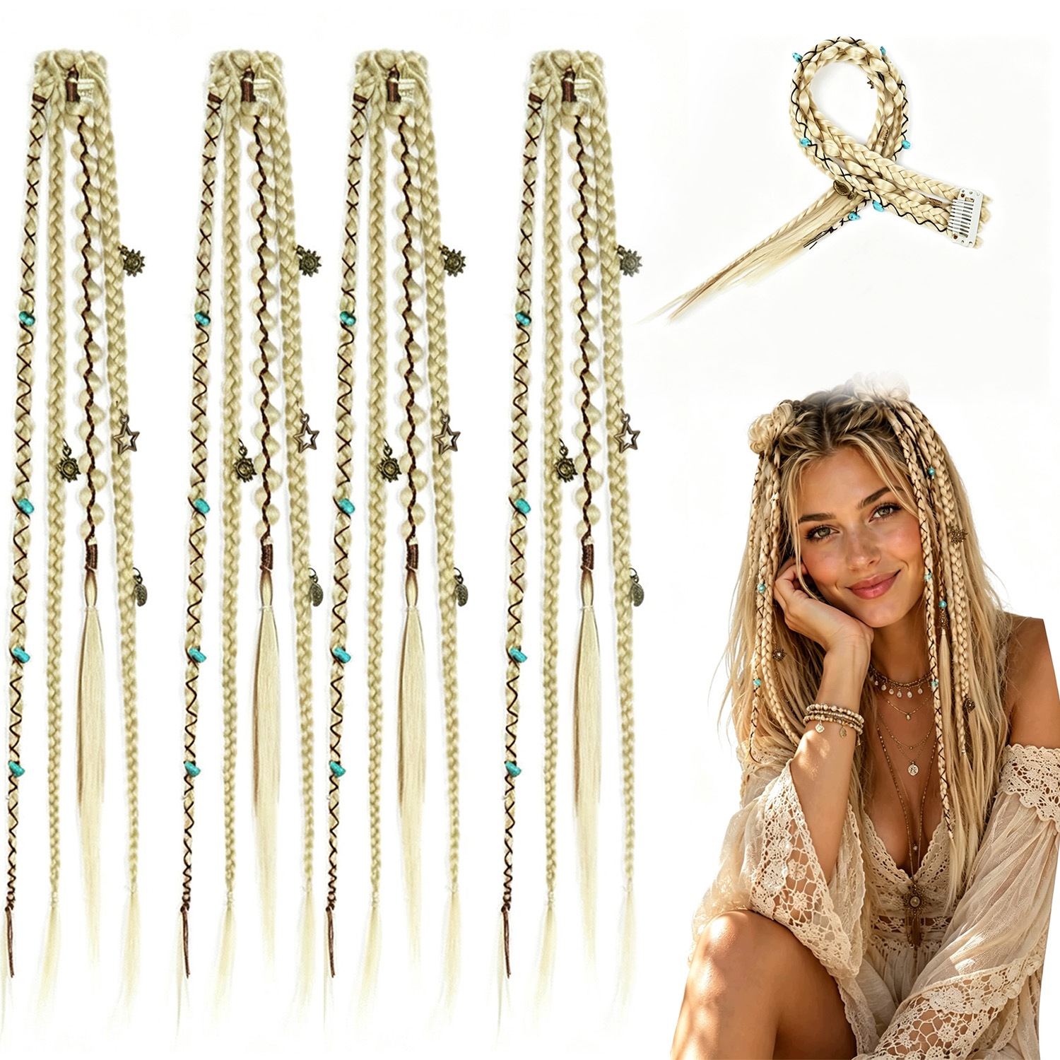 Prodlužování Vlasů V Boho Stylu, Kudrnaté Syntetické Blond Copánky 50 CM