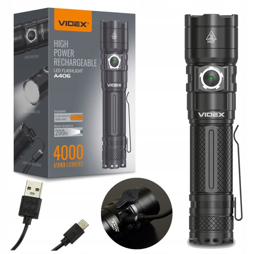 Taktická Led svítilna akumulátor Vodotěsná 20W 4000lm 6500K Výkonná Videx