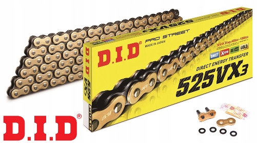 

Łańcuch Napędowy DID 525 VX3 X-ring 118 ogn. złoty
