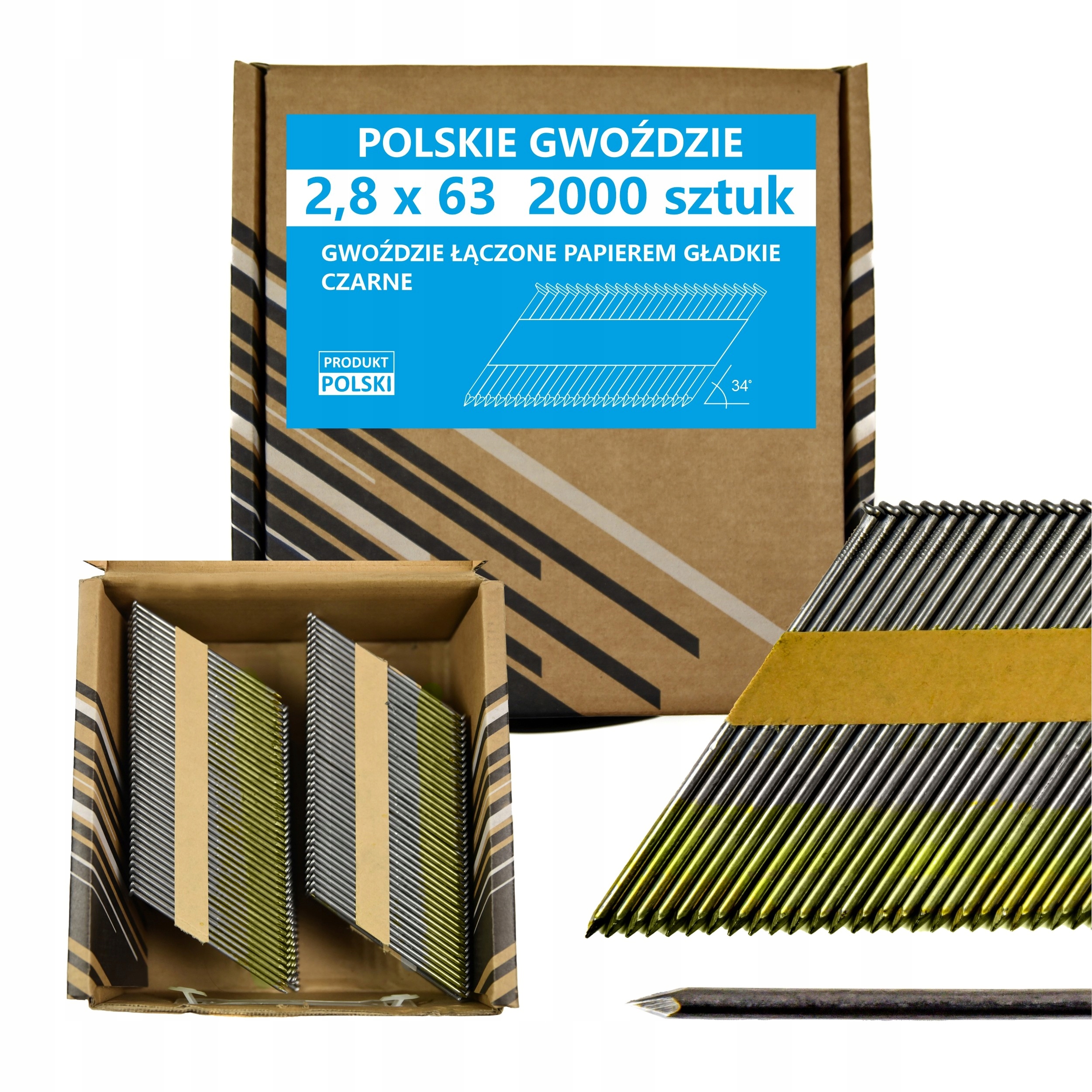 Gwoździe do gwoździarki łączone papierem 2,8x63mm 34° 2000szt Csg 6szt.