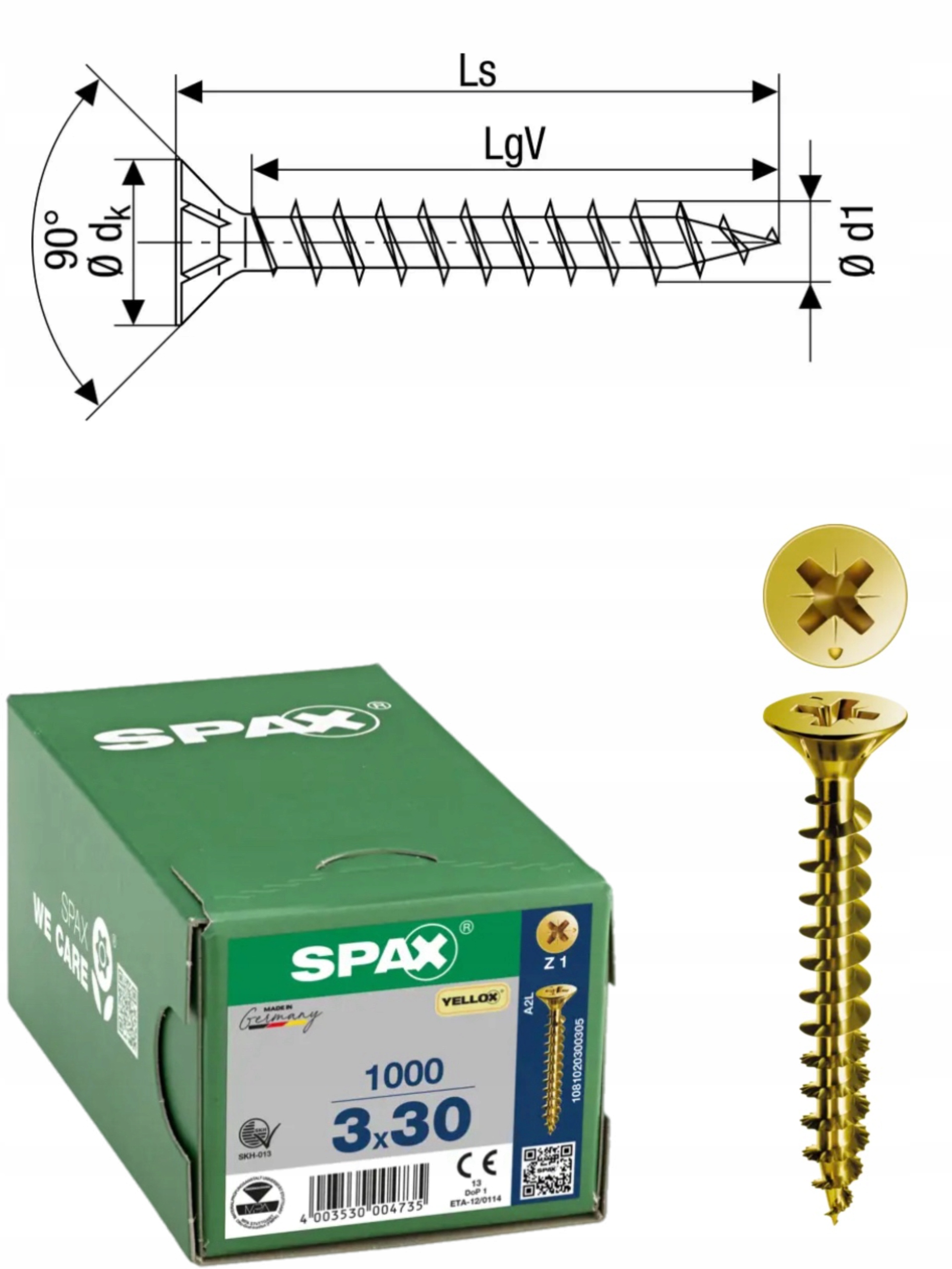 Wkręt uniwersalny do drewna (złoty) Spax 3 x 30 mm Yello-x 1000 szt