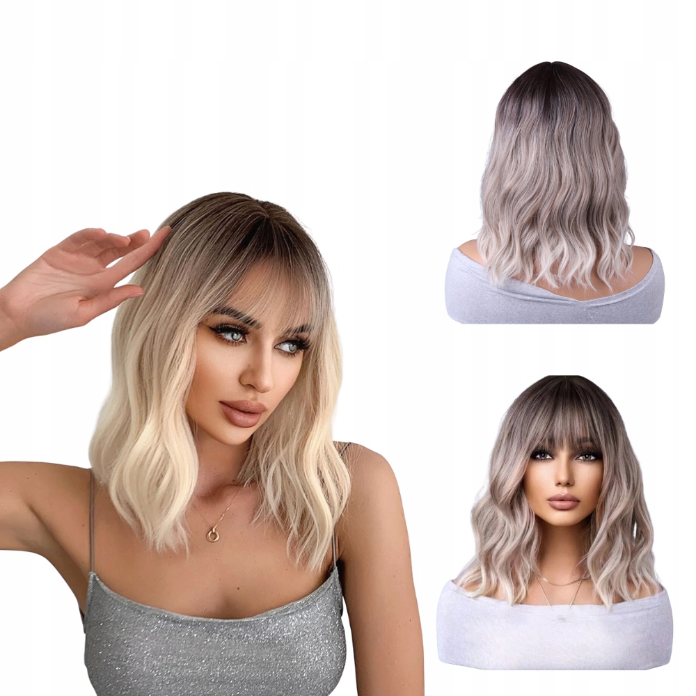 Dámská paruka Blond Ombre Popelavá Vlnitá s Hřívou Vlasy Jako Přírodní