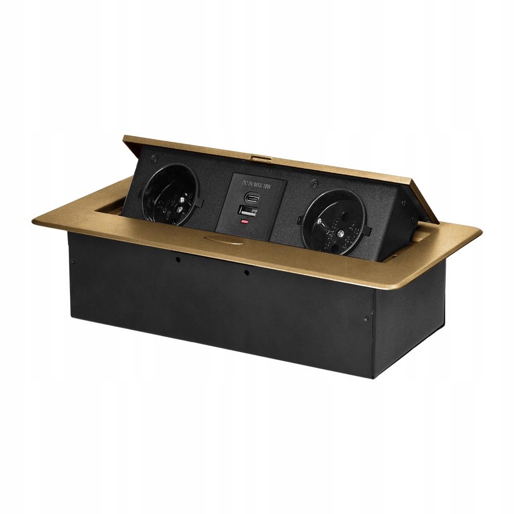 Nábytková zásuvka zapuštěná do pracovní desky, Usb nabíječka, 2x2P+Z, 2xUSB, zlatá