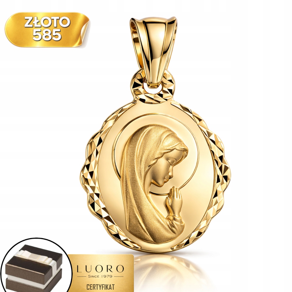 Zlatý Medailonek 585 14K Matka Boží S Diamantem 20 MM Elegantní