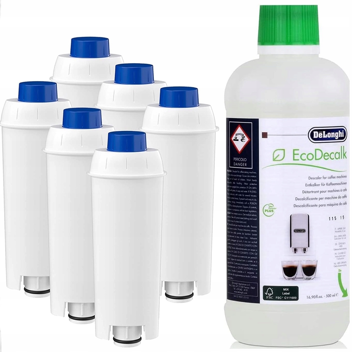 Levně Silný DeLonghi Odvápňovač 500 ml 6 x filtr AquaLunga pro kávovar DeLonghi