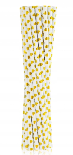 Słomki rurki papierowe złote Serca do napojów x12