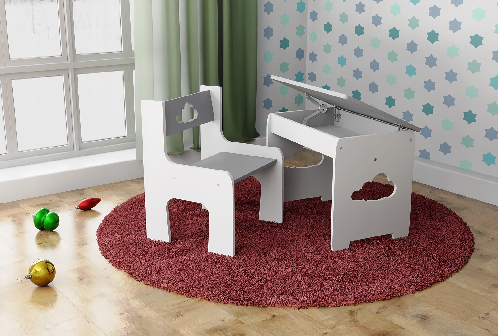 KRZESEŁKO I STOLIK ZE SCHOWKIEM OTWIERANY STOLIK CHMURKA RÓŻNE KOLORY Marka SPECDREW