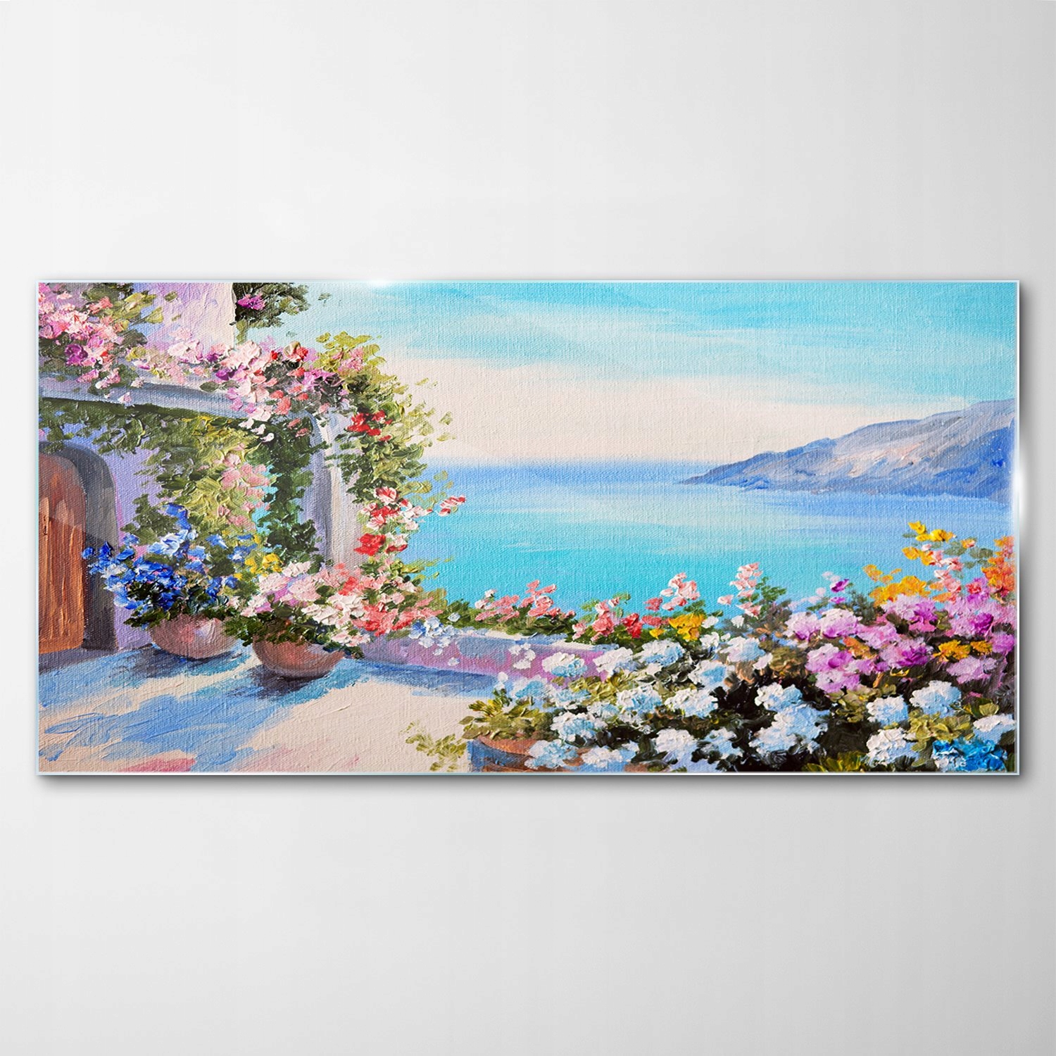 Obraz Sklenený dekor Dom Kvety Hory Voda 100x50