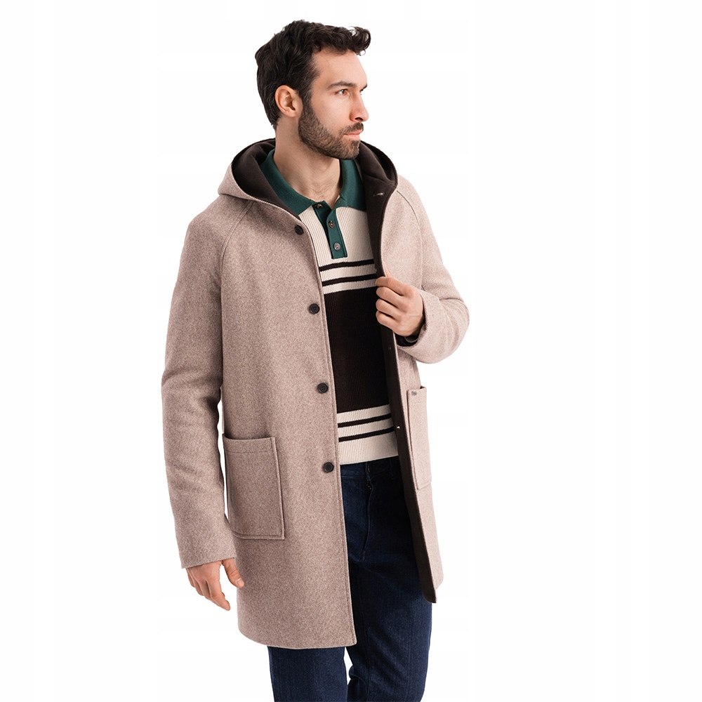 Béžový pánský kabát s kapucí dlouhý pohodlný elegantní OM-COWC-0122 V2 S
