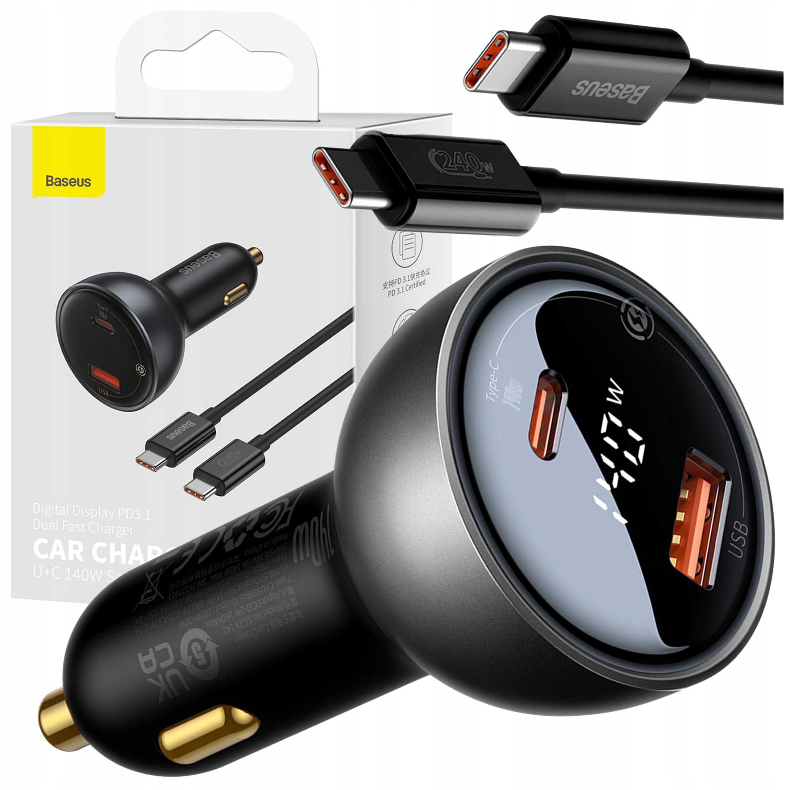 Automobilová Baseus Usb-a Usb-c Pd 140W Kabel Usb-c 240W 1m